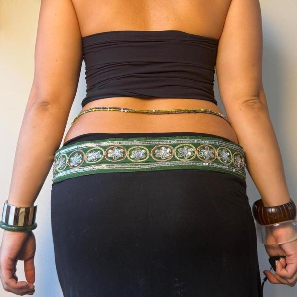 Y2K Beaded Sequin Green Whimsygoth Belt Boho Festival Gypsy Tie Accessory